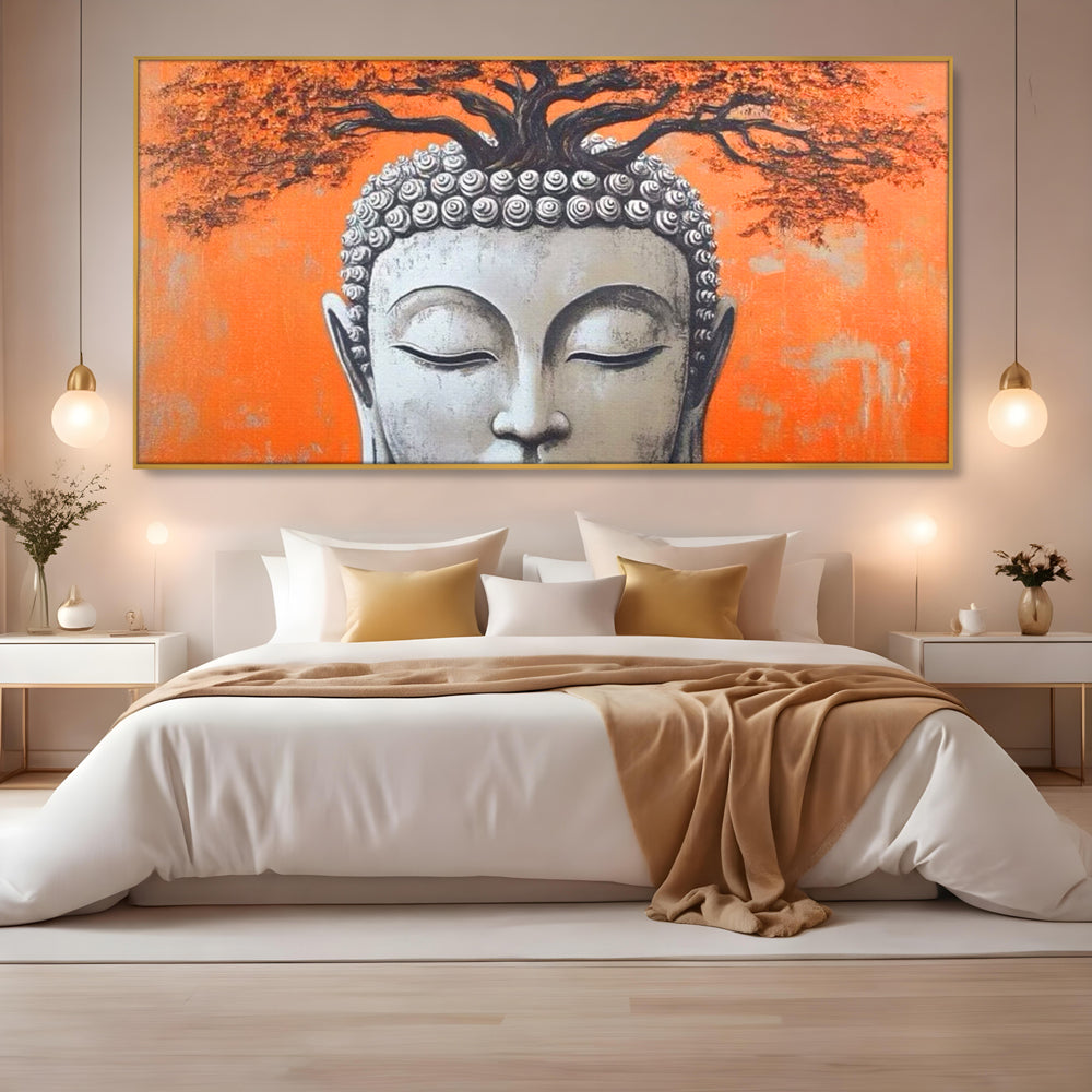 Tablou canvas cu tablou canvas cu capul lui buddha si copac, in rama de aluminiu auriu, pe perete intr-un dormitor